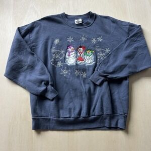 Vintage Jerzees Sweatshirt Mens XL Blue Snowman Christmas Embroidered Fleece